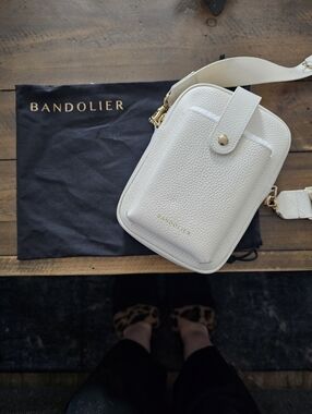 Bandolier Cream Pebbled Leather Crossbody Phone Bag with Gold Hardware